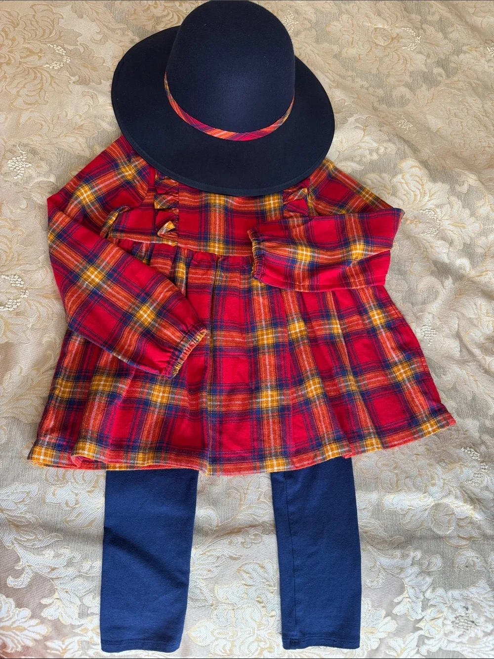 Elie Tahari Red Plaid Ruffle Long-Sleeve Dress with Navy Leggings